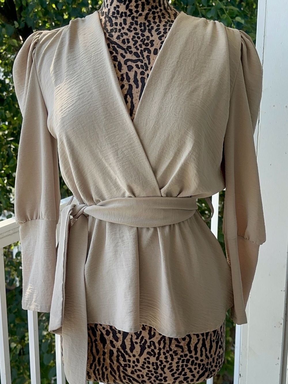 Boohoo Beige Wrap Blouse with Waist Tie